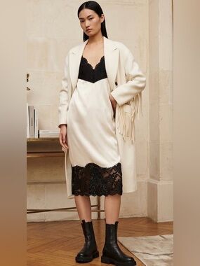 NWT ALL SAINTS Celeste Cream Satin Black Lace Boho Midi Shift Dress 10 MSRP $249
